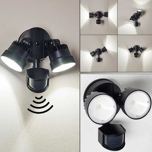 Applique Murale D'Exterieur Emmerlev Led Noir, 2 Lumieres, Detecteur De Mouvement