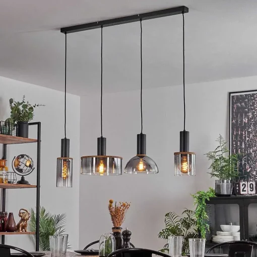 Suspension Classon Couleur Bois, Noir, 4 Lumieres