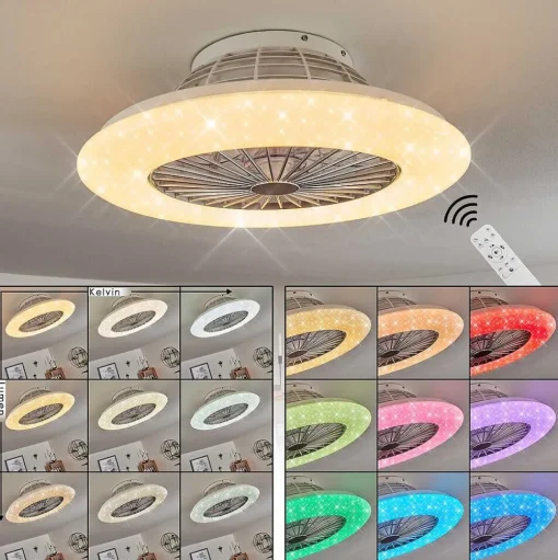 Ventilateur De Plafond Piraeus Led Blanc, 1 Lumiere, Telecommandes, Changeur De Couleurs